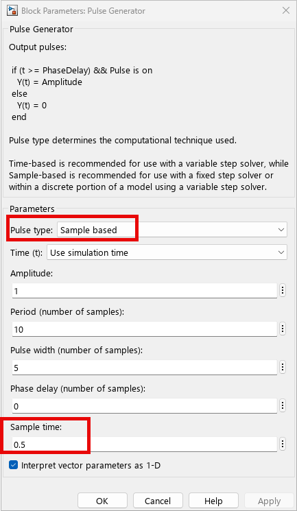 Sample time settings for the source block used in time-based model