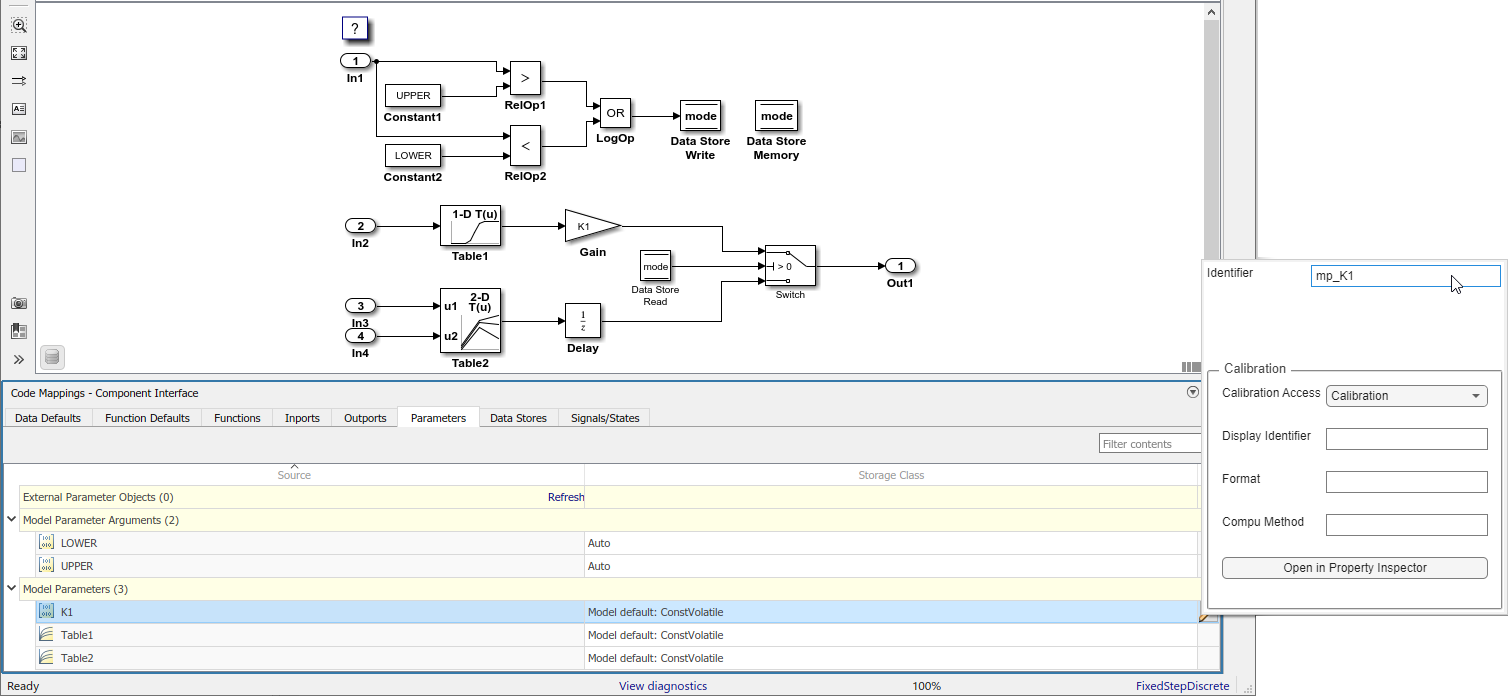 Code Mappings editor with Parameters tab selected, Model parameters tree node expanded, and storage class for parameters K1, Table1, and Table2 set to Model default: ConstVolatile. Mapping Inspector shows Identifier property for parameter Table2 set to mp_Table2.