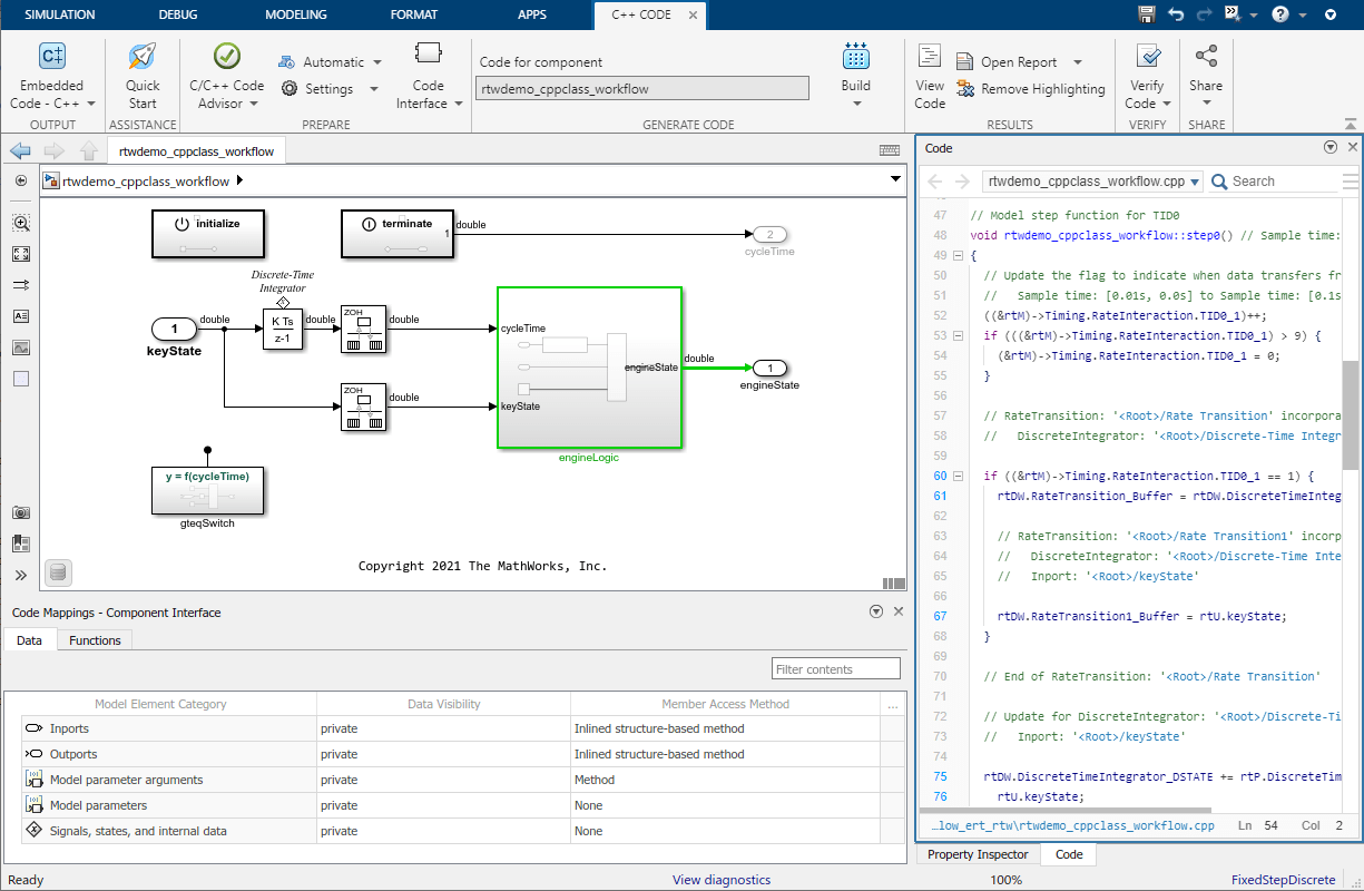 View of the CppClassWorkflowKeyIgnition model in Simulink. The toolstrip is at the top. The Simulink model is in the middle. The Code Mappings pane is at the bottom. The Data tab in the Code Mappings pane is selected. The generated code displays in the Property Inspector pane on the right.