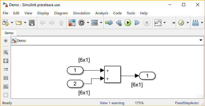 Model with a Sum block, two 6 by 1 inputs, and one 6 by 1 output.