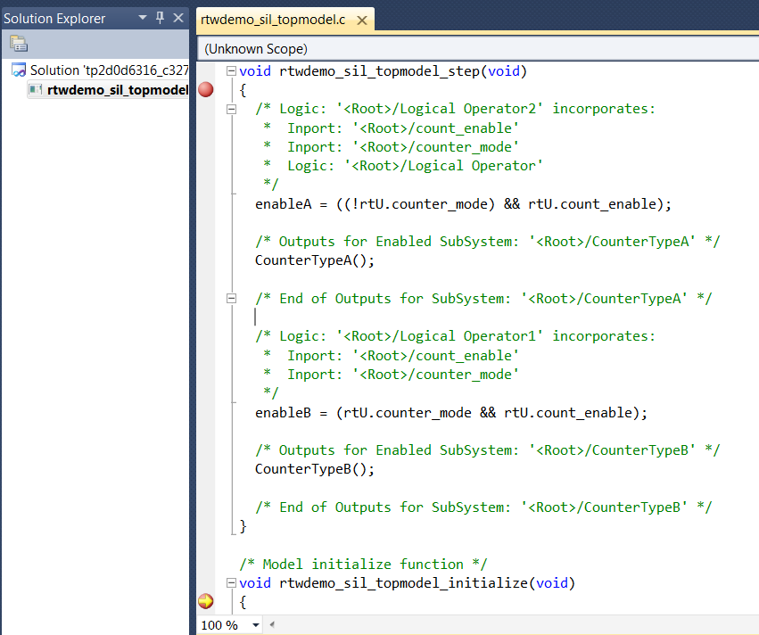 Microsoft Visual Studio display shows function with debugger breakpoint.