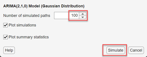 This screen shot shows the Simulate Model Response dialog box with Number of simulated paths set to 100.