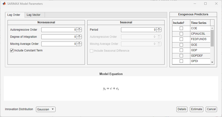 SARIMAX Model Parameters window is open with Lag Order tab selected and the Include Constant Term check box selected.