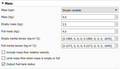 Spacecraft Dynamics Mass tab with simple variable mass type