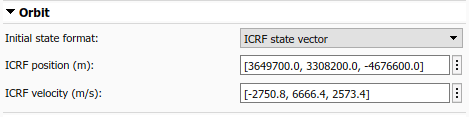 Spacecraft Dynamics Orbit tab with ICRF state vector initial state format