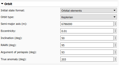Spacecraft Dynamics Orbit tab with Orbital elements initial state format