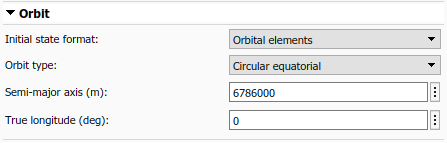 Spacecraft Dynamics Orbit tab with orbital elements initial state format and circular equatorial orbit type