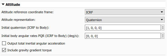 Spacecraft Dynamics Attitude tab with ICRF attititude reference coordinate frame and quaternion attitude representation