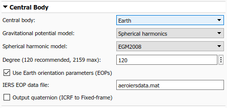 Spacecraft Dynamics Central Body tab with Earth Central Body and Gravitational potential model set to Spherical harmonics