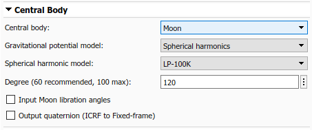Spacecraft Dynamics Central Body tab with MoonCentral Body and Gravitational potential model set to Spherical harmonics