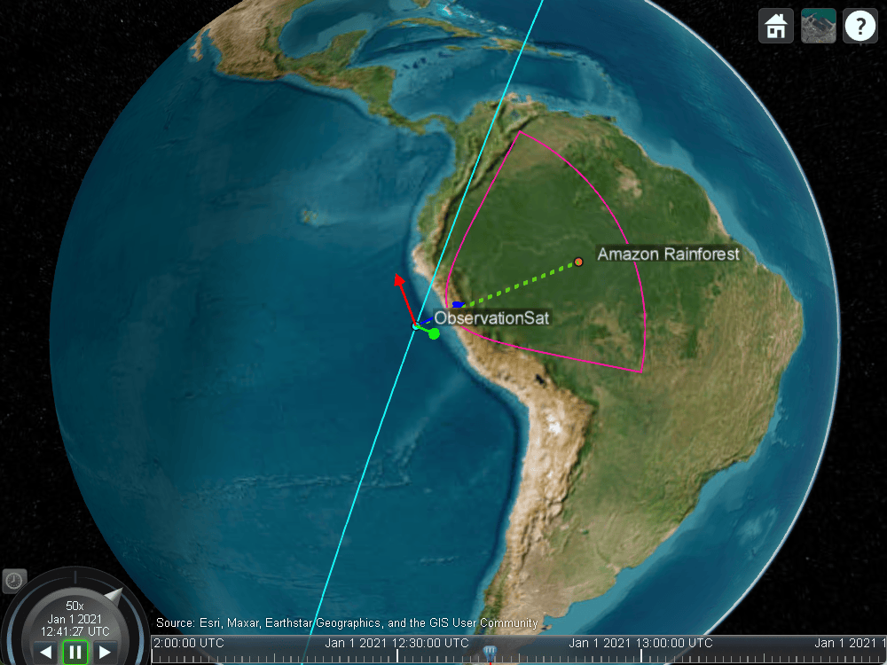 Satellite scenario viewer of satellite nearing Amazon Rainforest