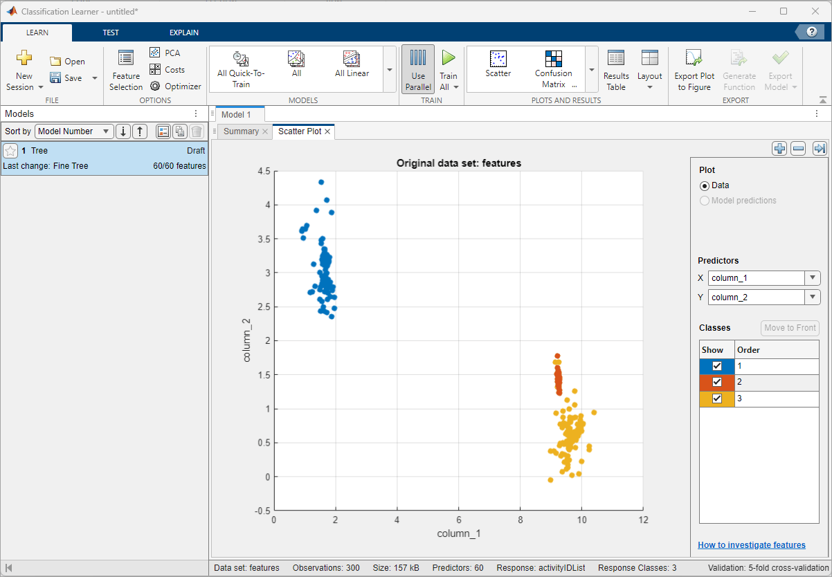 Figure shows the Classification Learner app with the loaded data set and scatter plot of the first two features.