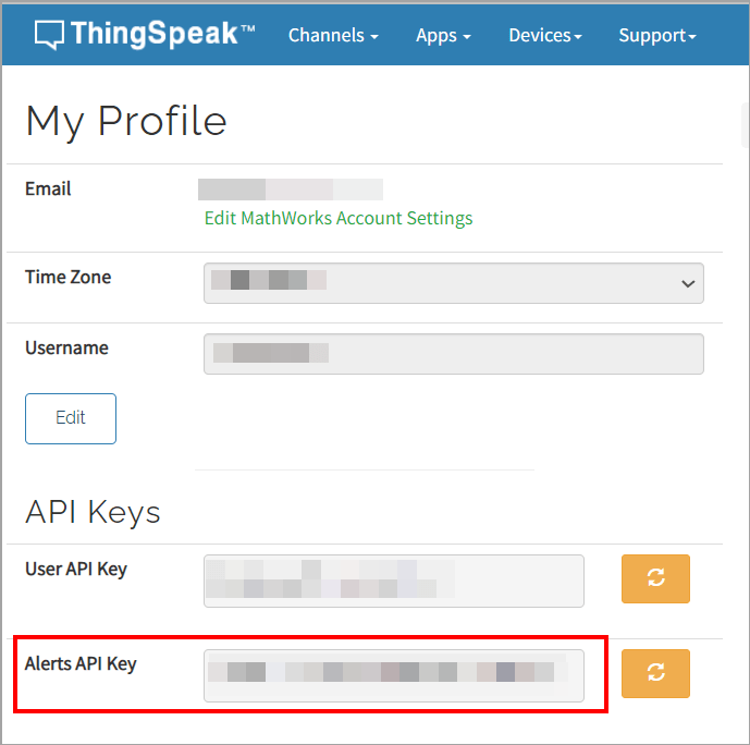 Figure shows where to specify the channel ID, Read API key, and Alerts API key corresponding to your channel in code.