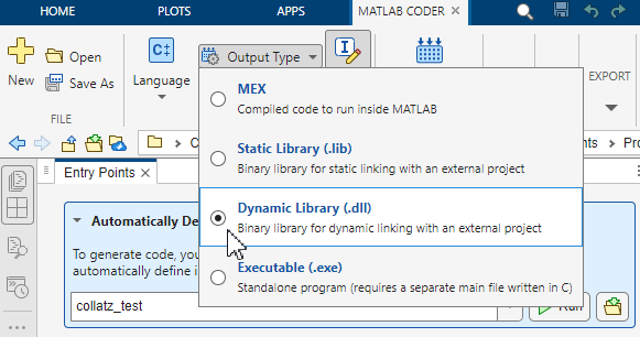 MATLAB Coder tab, showing Output Type button
