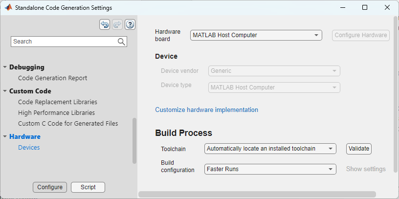 Standalone Code Generation Settings dialog box, showing Hardware pane