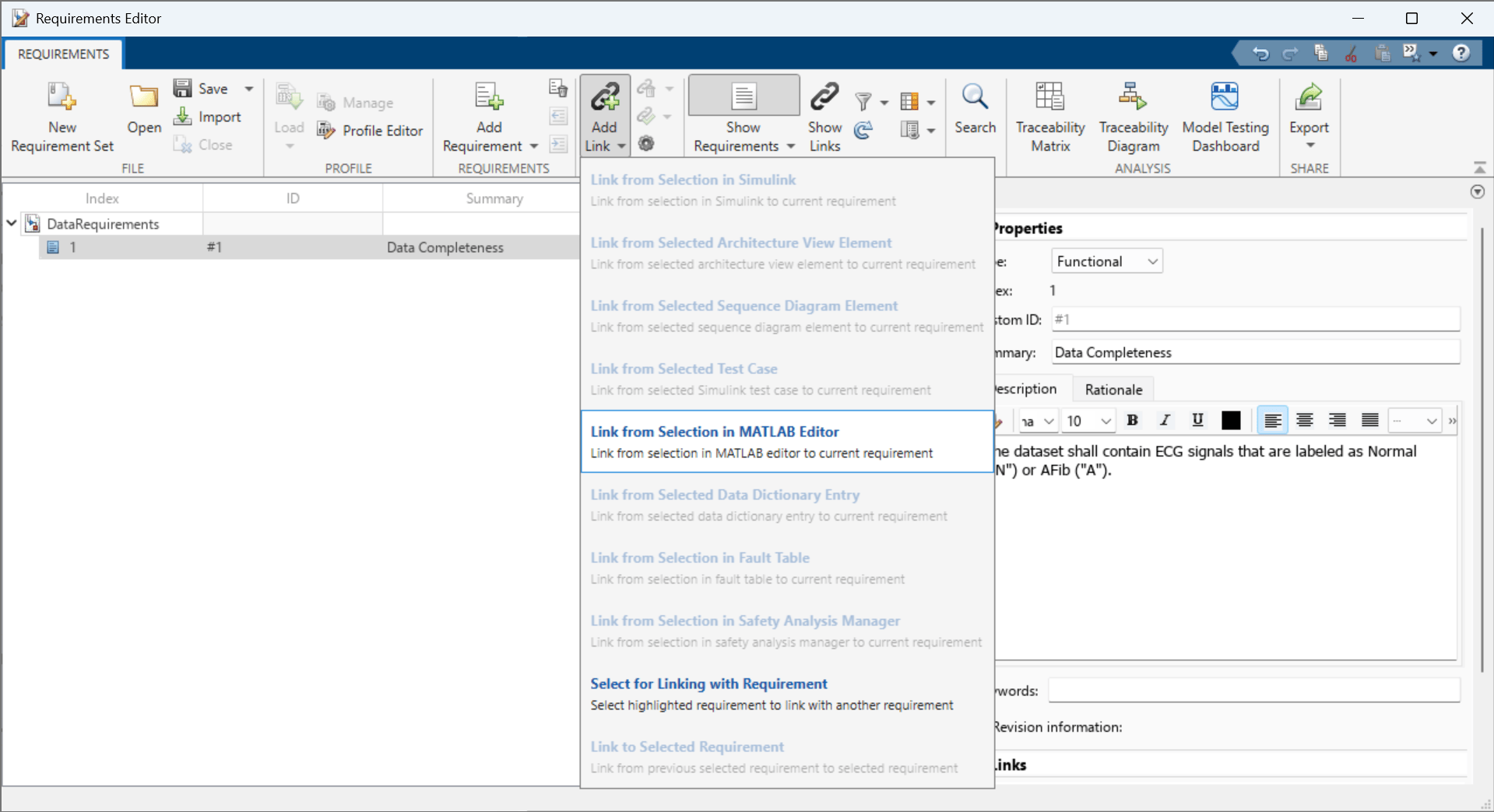 Requirements Editor app with the Add Link dropdown expanded and the "Link from Selection in MATLAB Editor" option highlighted.