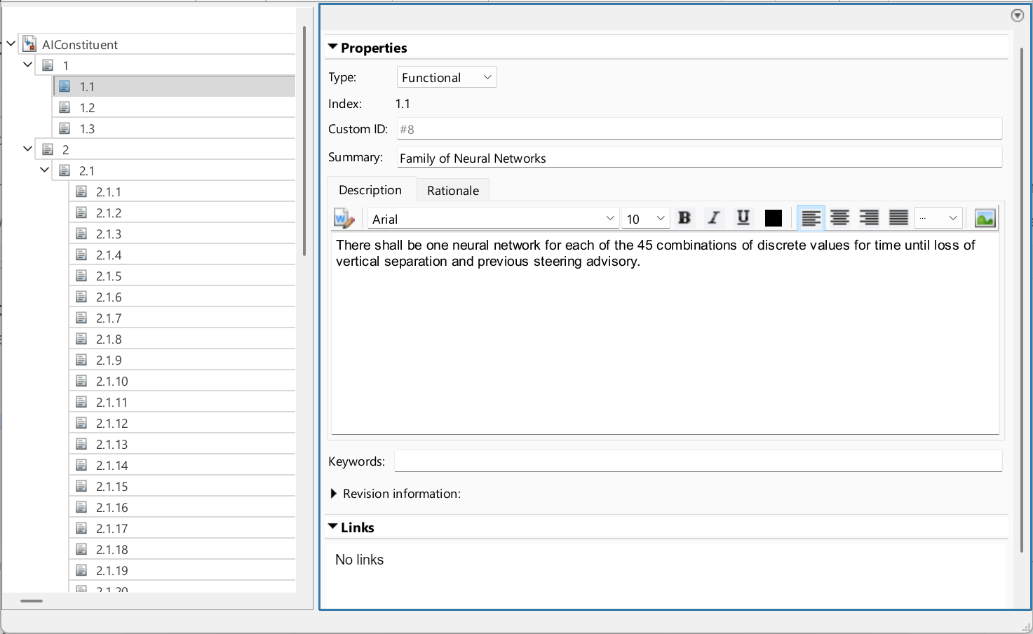 Requirements for the AI constituents in the Requirements Editor.