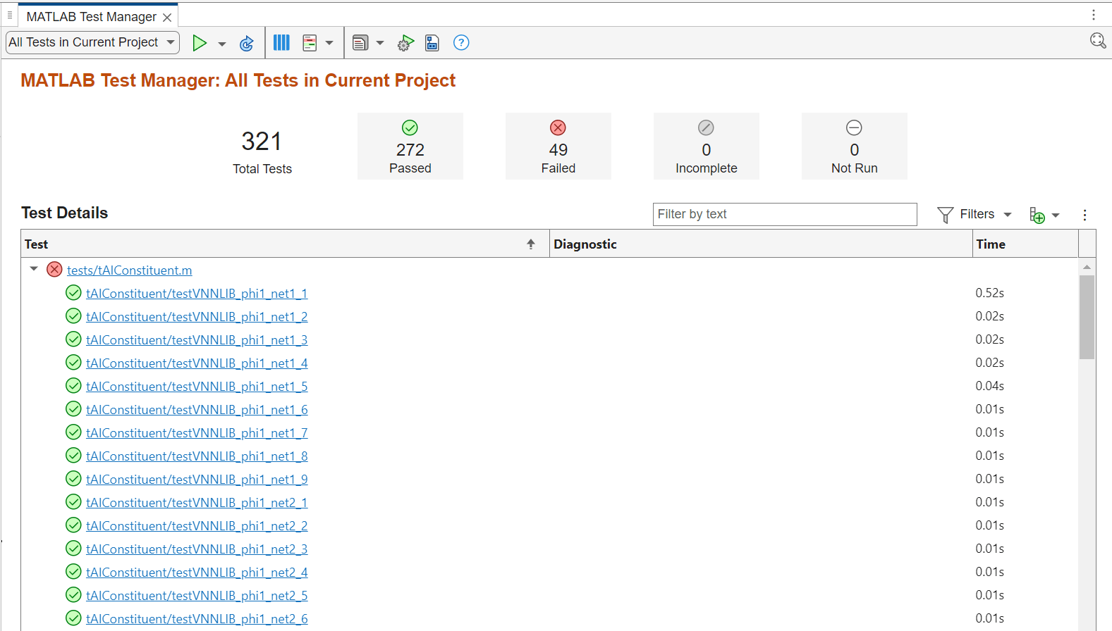 Performance test results in MATLAB Test Manager.