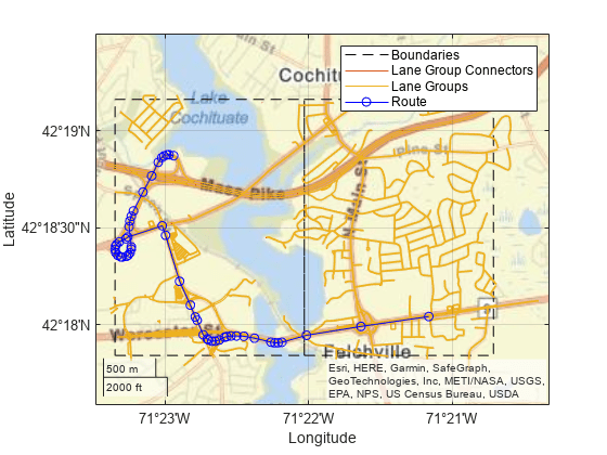 Figure contains an axes object with type geoaxes. The geoaxes object contains 4 objects of type line. These objects represent Boundaries, Lane Group Connectors, Lane Groups, Route.