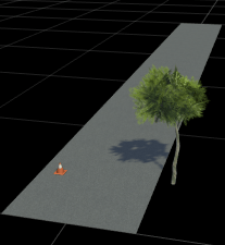 RoadRunner scene with a single‑lane road, a traffic cone on the road, and a tree on the right side.