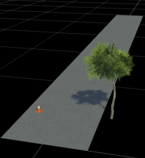 RoadRunner scene with a single‑lane road, a traffic cone on the road, and a tree on the right side.