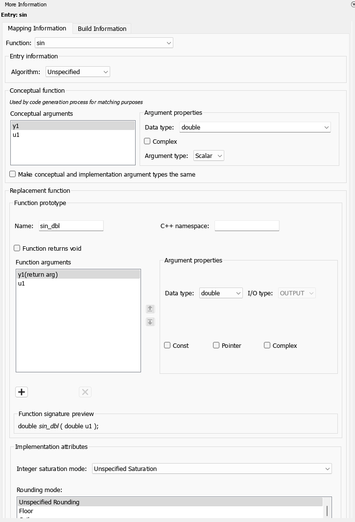 Code replacement entry pane showing a sin entry with two conceptual arguments and a replacement function named sin_dbl with two arguments.