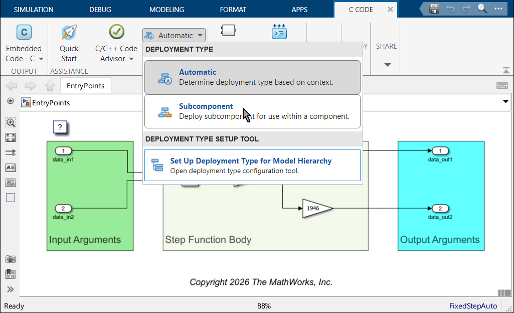 C Code tab is selected in the Simulink Toolstrip. The Deployment Type drop-down list is open, and the arrow cursor is on the Subcomponent entry in the list.