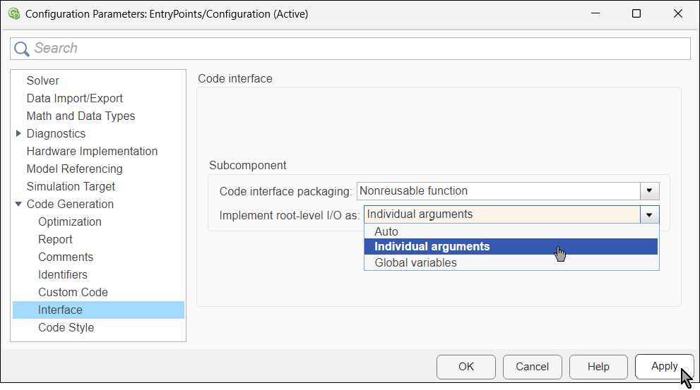 Configuration Parameters dialog box. The value Individual arguments is selected from the Implement root-level I/O as list.