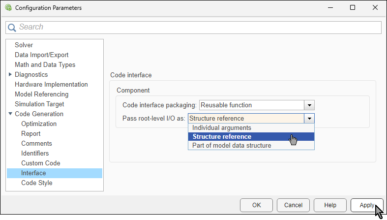 Configuration Parameters dialog box. The value Structure reference is selected from the Pass root-level I/O as list.