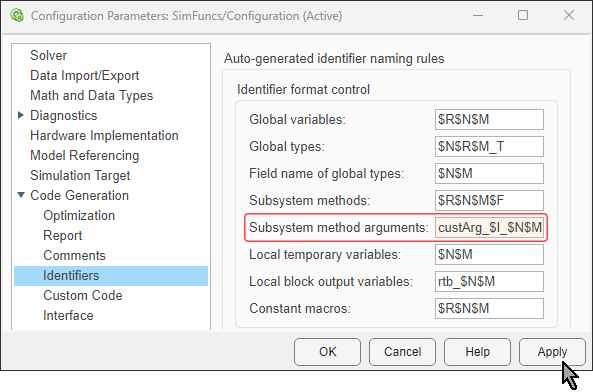 Configuration Parameter dialog box with Code Generation > Identifiers selected. In the Identifier format control section, the System method arguments parameter is highlighted with the value is custArg_$I_$N$M.