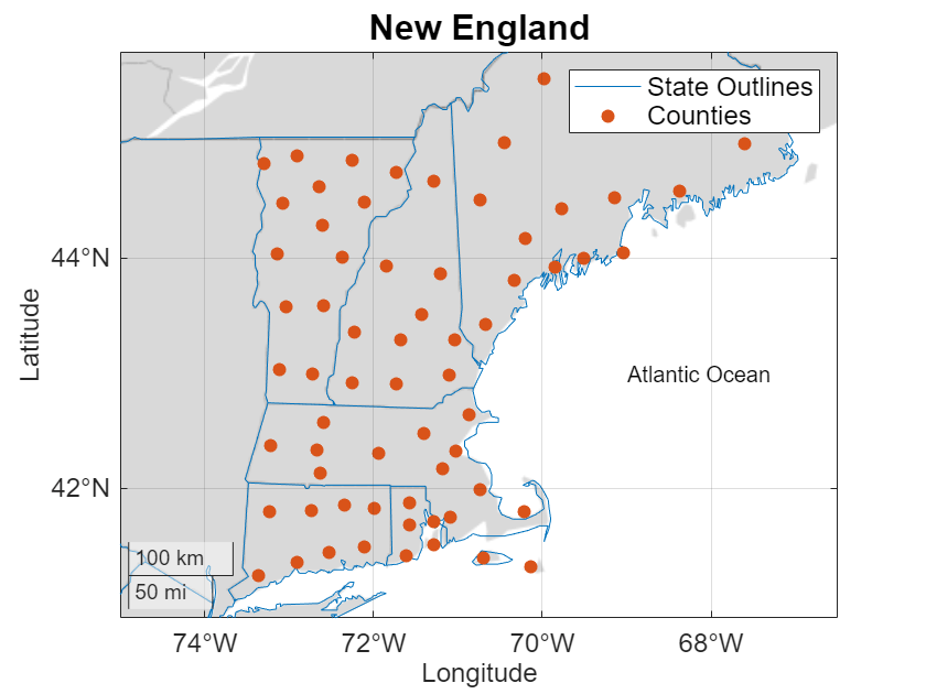 Figure contains an axes object with type geoaxes. The geoaxes object contains 3 objects of type line, scatter, text. These objects represent State Outlines, Counties.