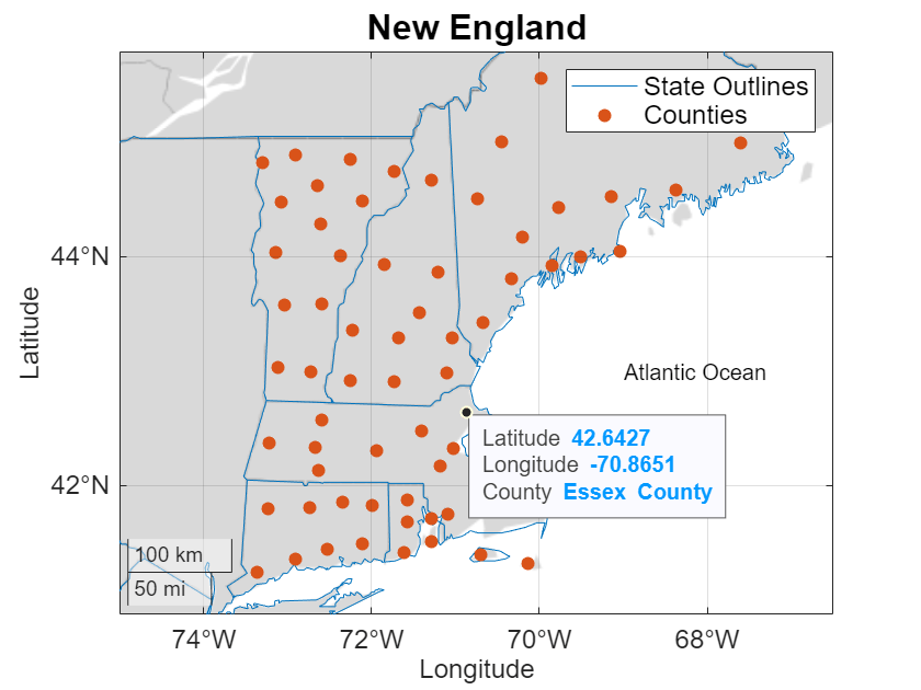 Figure contains an axes object with type geoaxes. The geoaxes object contains 3 objects of type line, scatter, text. These objects represent State Outlines, Counties.