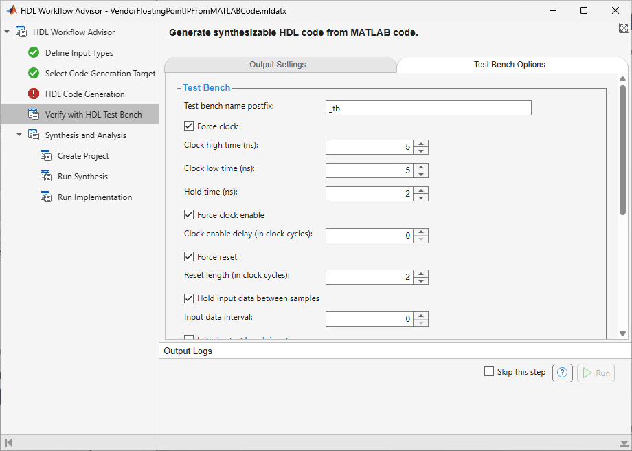 Verify with HDL Test Bench task showing Test Bench Options tab with test bench generation and simulation settings