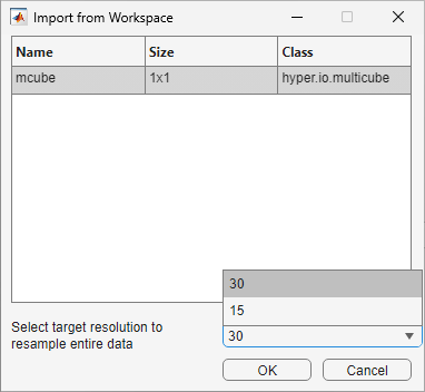 Select target resolution in Import from Workspace dialog box.
