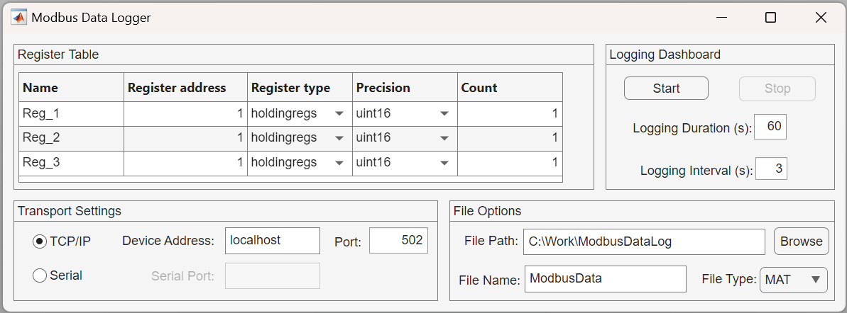 Create MATLAB App for Modbus Data Logging