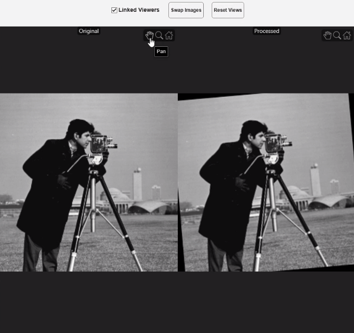 Original cameraman image on the left and rotated version on the right with synchronized viewers