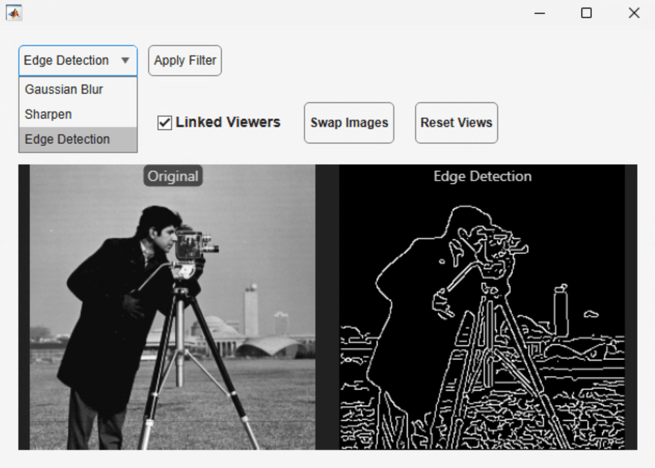 Component embedded in a UI figure with a filter drop-down showing edge detection applied to the cameraman image