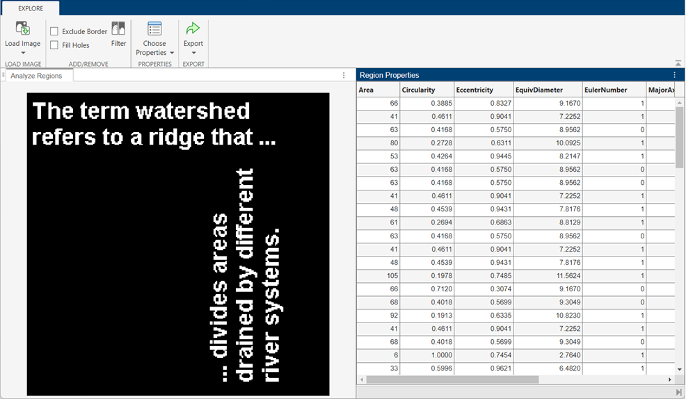 Binary region displayed in the Analyze Regions tab on the right, and a table with region properties on the left.