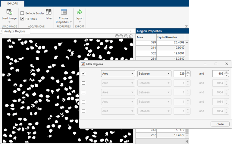 In the Image Region Analyzer app, the filtered binary image has only regions with areas between 229 and 405 pixels, as specified by the Filter Regions dialog box.