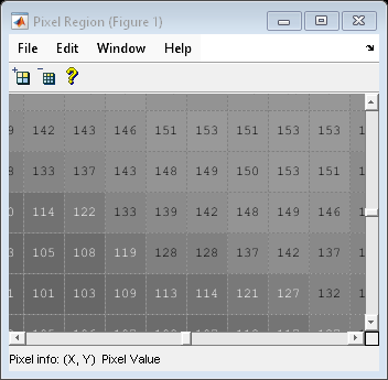 Figure Pixel Region (Figure 1) contains an axes object and other objects of type uipanel, uitoolbar, uimenu. The hidden axes object contains 75 objects of type line, image, text.