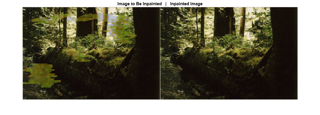 Figure contains an axes object. The hidden axes object with title Image to Be Inpainted | Inpainted Image contains an object of type image.