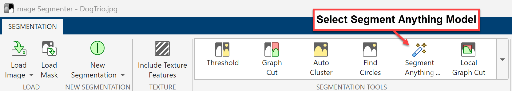 This image shows the Segmentation Tools section, where you select Segment Anything Model to use the SAM.