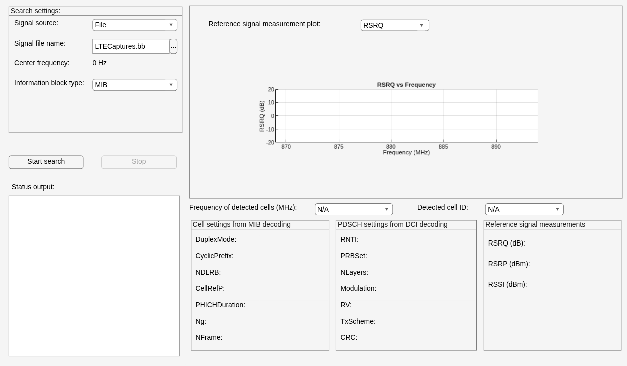 Figure Scan LTE Waveform contains an axes object and another object of type uigridcontainer. The axes object with title RSRQ vs Frequency, xlabel Frequency (MHz), ylabel RSRQ (dB) is empty.