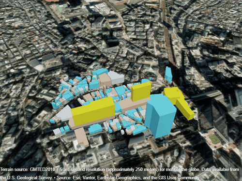 Yellow, gray, blue, and tan buildings displayed over satellite imagery