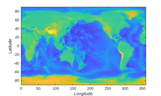 Figure contains an axes object. The axes object with xlabel Longitude, ylabel Latitude contains an object of type image.