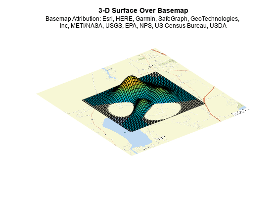 Figure contains an axes object. The axes object with title 3-D Surface Over Basemap contains 2 objects of type image, surface.