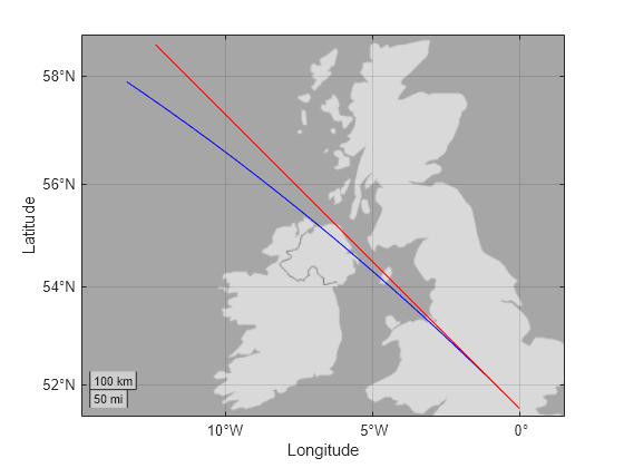 Figure contains an axes object with type geoaxes. The geoaxes object contains 2 objects of type line.