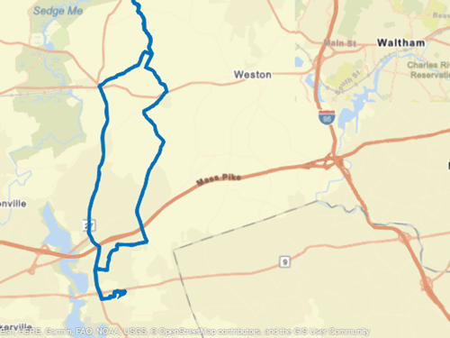 The same map with a blue line plotted along several roads