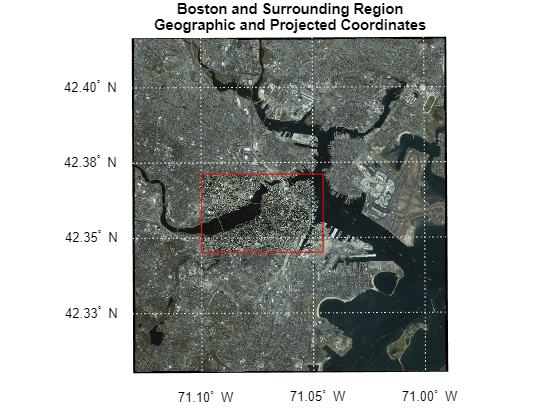 Figure contains an axes object. The hidden axes object with title Boston and Surrounding Region Geographic and Projected Coordinates contains 12 objects of type surface, image, line, text.