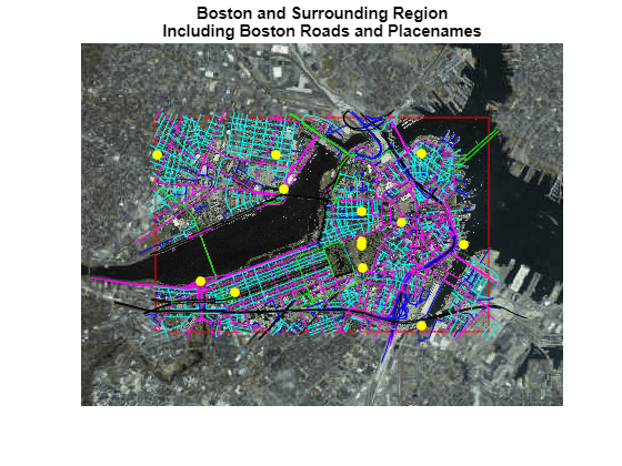 Figure contains an axes object. The hidden axes object with title Boston and Surrounding Region Including Boston Roads and Placenames contains 2819 objects of type line, patch, surface, image, text.